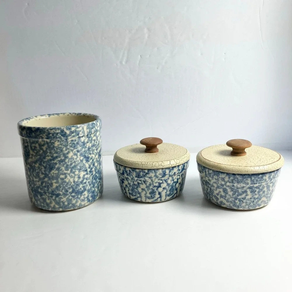 Set of 3 Roseville Blue Spongeware Henn Workshops Crock Canisters w/ 2 Lids